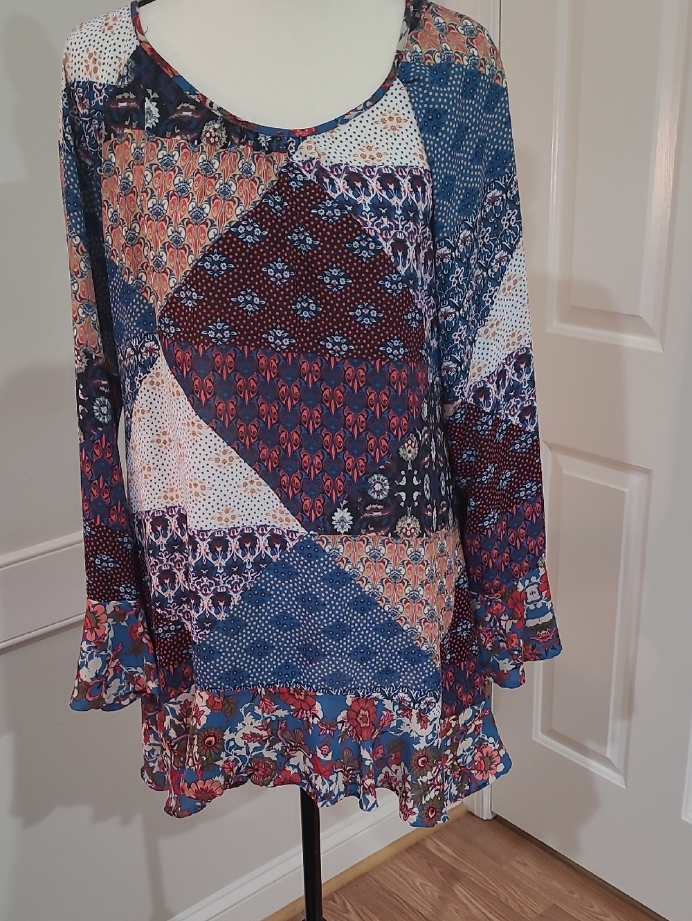 Figueroa & Flower Boho Patchwork Tunic Top - Blue Multi- Size M